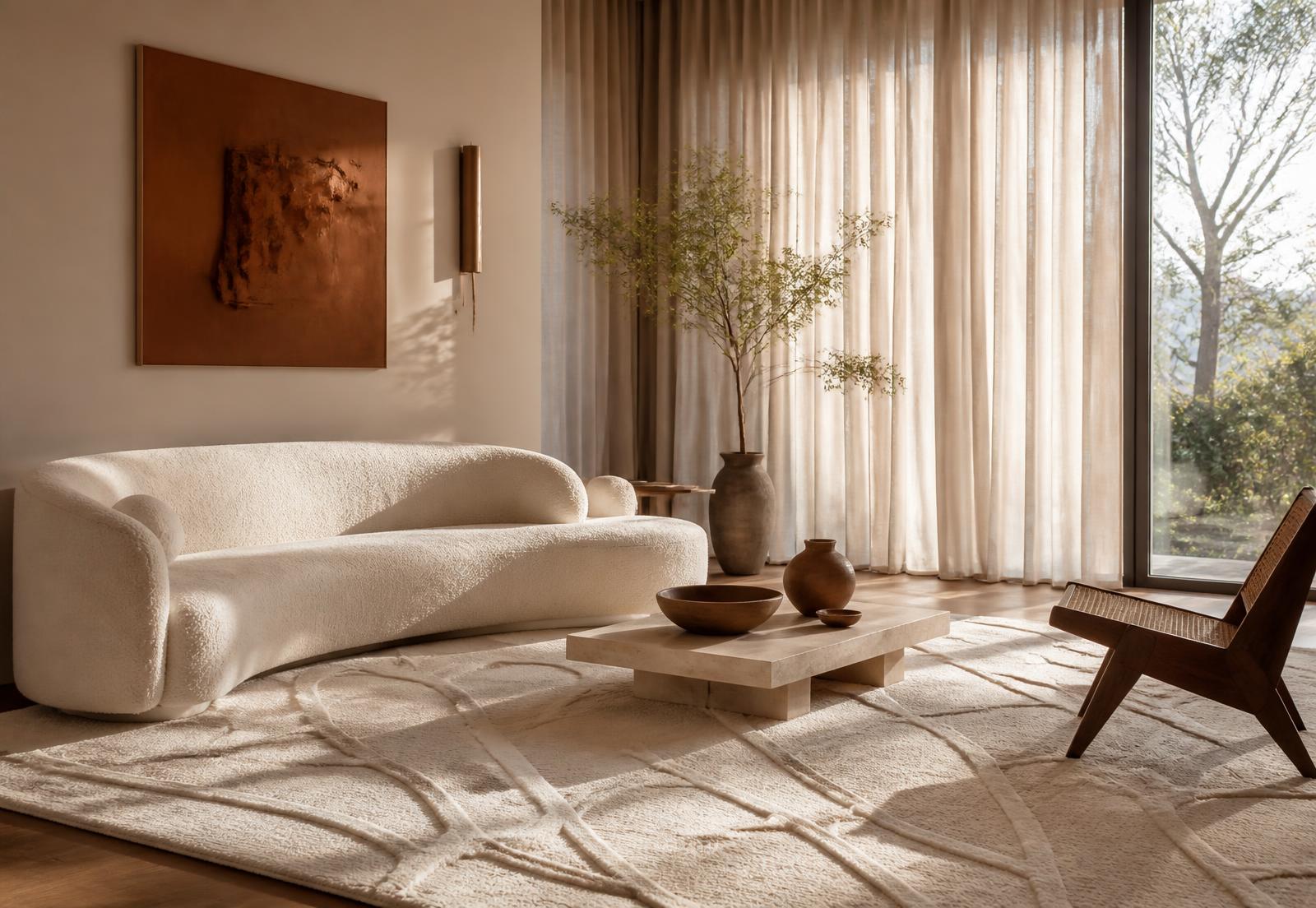 Hand tufted Egyptian Tiger wool rug in a warm contemporary living room